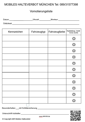 Vornotierungsliste für ein mobiles Halteverbot in München